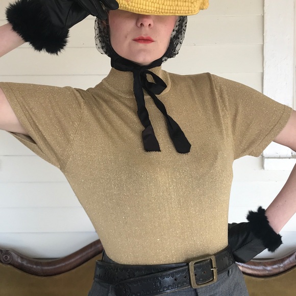 Vintage 70s Disco Gold knit mock neck top / M-L - Picture 2 of 6